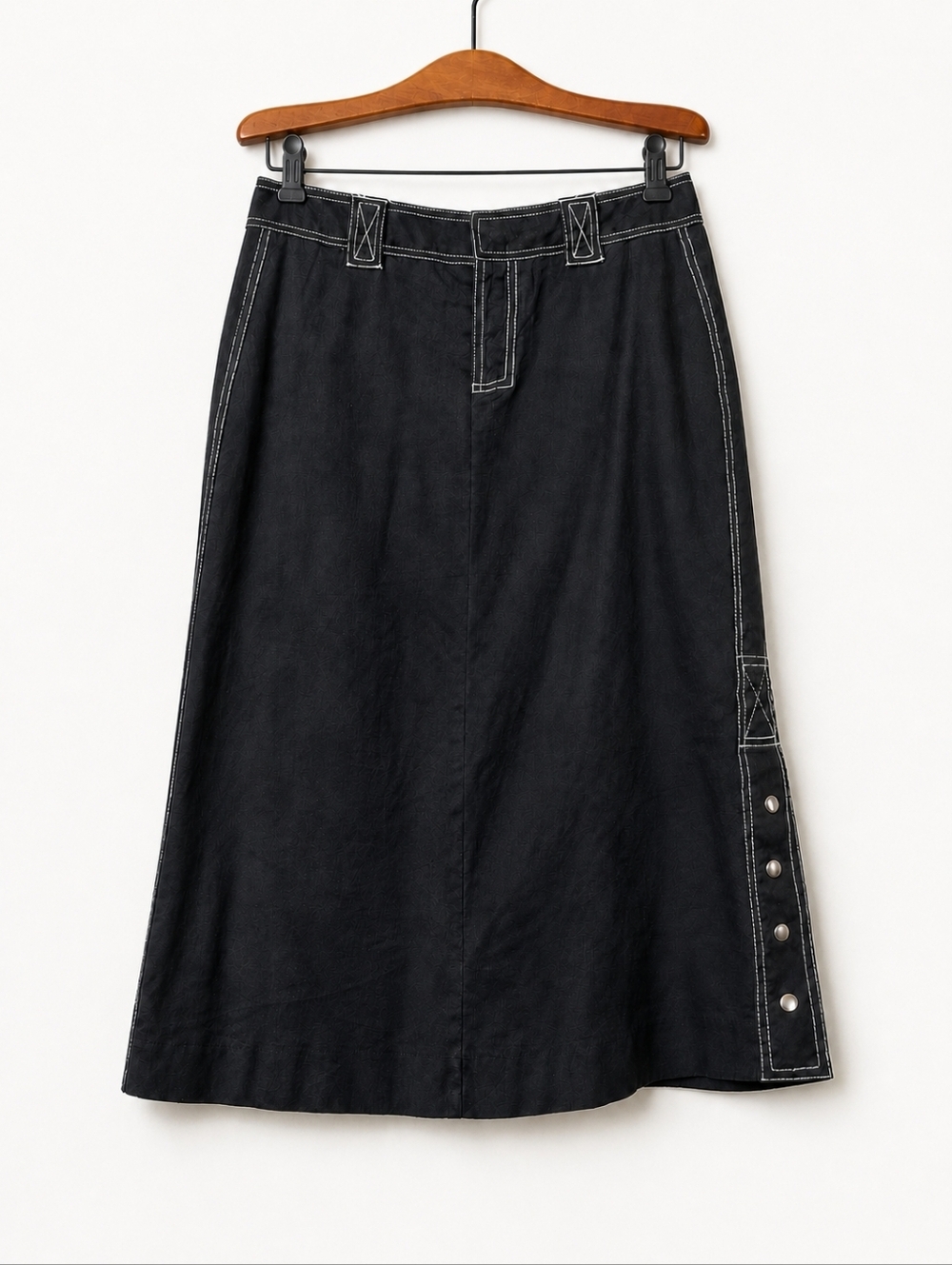 Current Black A-Line Midi Skirt Contrast Stitch Snap Slit Cotton Stretch Size 6